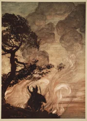 Kun hän siirtyy hitaasti pois, Wotan kääntyy ja katsoo murheellisesti takaisin Brunnhildeen, kuvituksen teoksesta "The Rhinegold and the Valkyrie", 1910.